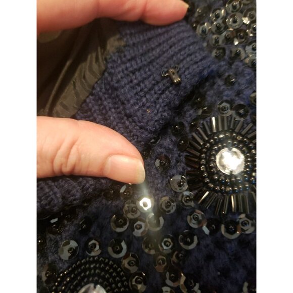 Vintage M M Kriza Beaded Jacket Cardigan Sweater Sequins Navy 100% Wool Size S - Picture 8 of 16